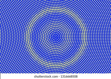 Blue yellow halftone vector background. Contrast halftone texture. Centered dotwork gradient. Vibrant dotted vector background. Colorful halftone overlay. Vintage cartoon effect. Perforated texture