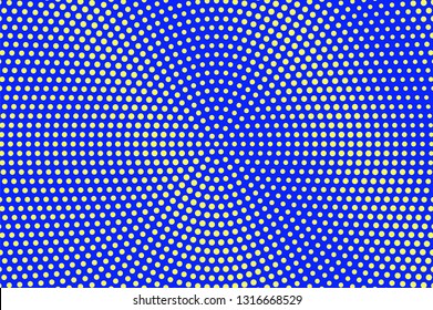 Blue yellow halftone vector background. Subtle halftone texture. Diagonal dotwork gradient. Vibrant dotted vector background. Colorful halftone overlay. Vintage cartoon effect. Perforated texture