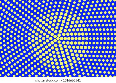 Blue yellow halftone vector background. Centered halftone texture. Rough dotwork gradient. Vibrant dotted vector background. Colorful halftone overlay. Vintage cartoon effect. Perforated texture