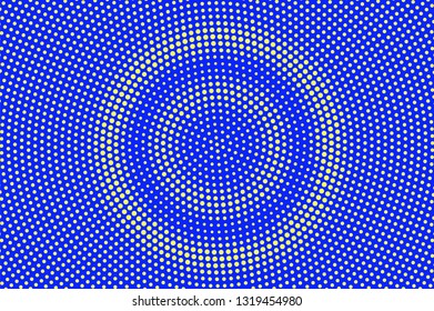 Blue yellow halftone vector background. Centered halftone texture. Grungy dotwork gradient. Vibrant dotted vector background. Colorful halftone overlay. Vintage cartoon effect. Perforated texture