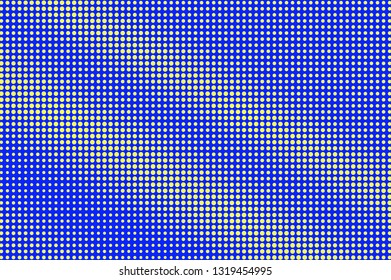 Blue yellow halftone vector background. Grungy halftone texture. Diagonal dotwork gradient. Vibrant dotted vector background. Colorful halftone overlay. Vintage cartoon effect. Perforated texture