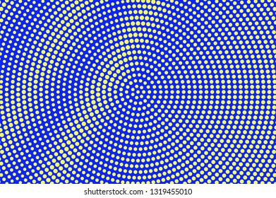 Blue yellow halftone vector background. Textured halftone texture. Diagonal dotwork gradient. Vibrant dotted vector background. Colorful halftone overlay. Vintage cartoon effect. Perforated texture