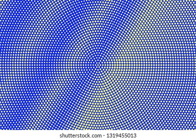 Blue yellow halftone vector background. Cartoon halftone texture. Diagonal dotwork gradient. Vibrant dotted vector background. Colorful halftone overlay. Vintage cartoon effect. Perforated texture