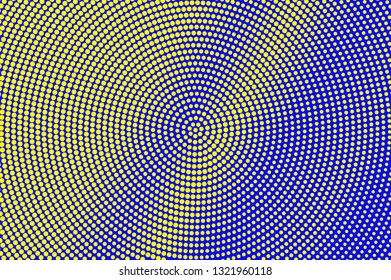 Blue yellow halftone vector background. Frequent halftone texture. Grunge dotwork gradient.  Retro dotted vector background. Colorful halftone overlay. Vintage cartoon effect. Perforated texture