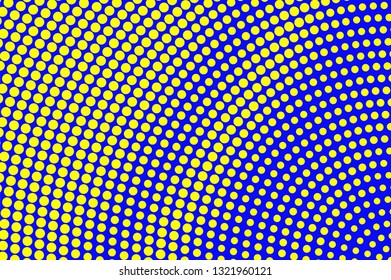 Blue yellow halftone vector background. Radial halftone texture. Grunge dotwork gradient.  Retro dotted vector background. Colorful halftone overlay. Vintage cartoon effect. Perforated texture