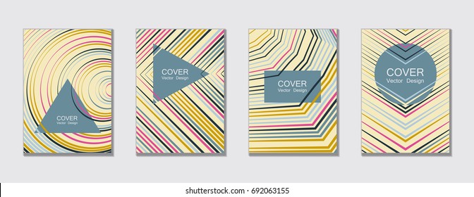 Blue and yellow halftone vector template with lines, triangles, circles. Title places. Vector journal design geometric shape background set, halftone lines hipster pattern abstract collection.