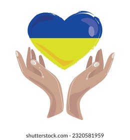 Blue yellow heart in human hands cupped shape vector illustration.Heart in the colors of Ukraine flag.Support for Ukraine concept.Design element for print,poster,logo,emblem,icon,sticker