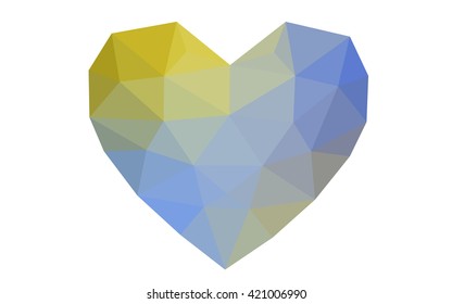 Blue, yellow heart isolated on white background. Geometric rumpled triangular low poly origami style gradient graphic illustration. Vector polygonal design for your business.
