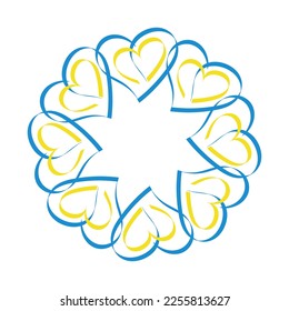 Blue and yellow heart in the shape of a circle. Colors of the flag of Ukraine.  Flag of Ukraine in the shape of a heart. Logo with Ukrainian national symbol.