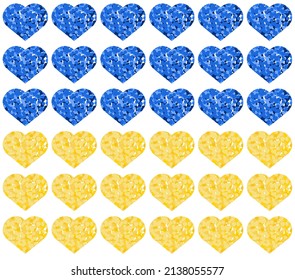 Patrón de brillo de corazones azules y amarillos. Fondo portador patriótico ucraniano. Paz para Ucrania