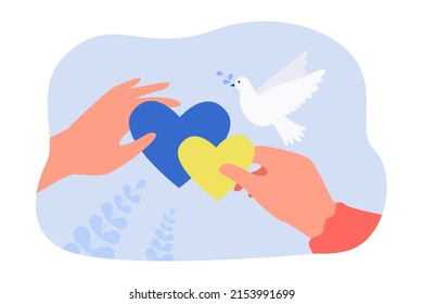Blue and yellow hearts in human hands flat vector illustration. Flying peace white dove or pigeon with olive branch on blue background. Freedom, unity, nation concept