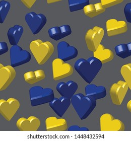 Blue Yellow Hearts Seamless Pattern, 3D Illustration