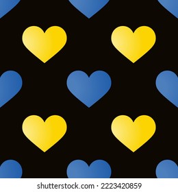 Blue and yellow Hearts. Seamless pattern. Vector illustration on black background. For original designs, cards, prints, designer packaging, and stylish textiles. Valentine Day. Ukraine support.