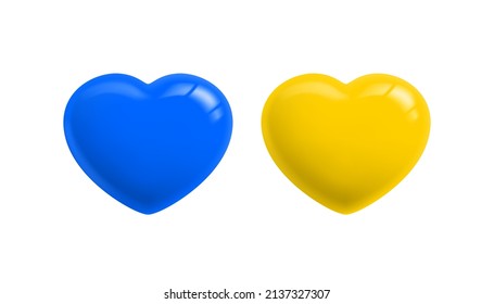 Blue and yellow hearts. Two 3d heart icon in the colors of the Ukrainian flag, isolated on a white background. Conceptual symbol. 3d vector illustration