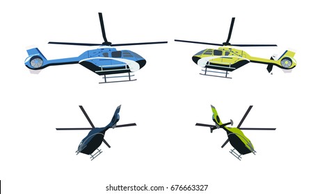 Blue and yellow helicopter on the side and on departure