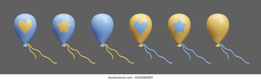 Blue and yellow helium air balloons with heart and star shapes prints realistic 3D vector. Icon set of flying balloons, decor set for children birthday party 3D vector collection.