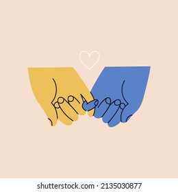 Blue and yellow Holding hands. The one finger hold. Ukrainian flag colors. Stand with Ukraine. Save Ukraine from russia. Stop war, praying, mourning, humanity concept. Hand drawn Vector illustration
