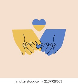 Blue and yellow Holding hands. The one finger hold. Ukrainian flag colors. Stand with Ukraine. Save Ukraine from russia. Stop war, praying, mourning, humanity concept. Hand drawn Vector illustration