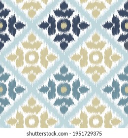 Blue and yellow Ikat Seamless Pattern for Fabric. Abstract background for textile design, wallpaper, surface textures.Seamless pattern for home decor ideas. Vector illustration