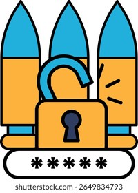 Una Imagen azul y amarilla de una cerradura con una llave y tres balas en el fondo. La Imagen pretende transmitir la idea de seguridad y protección