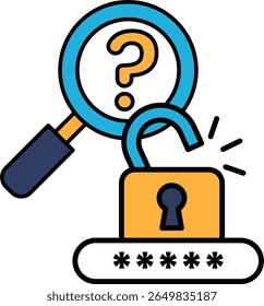 A blue and yellow image of a magnifying glass looking at a lock with a keyhole. The lock is open and the keyhole is visible. Concept of unlocking a mystery or solving a problem