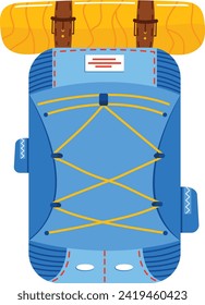 Blue and yellow inflatable paddle board with bungee cords for secure storage. Stand-up paddleboard for water sports and adventure.