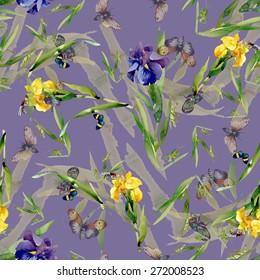 Blue and Yellow iris flowers with butterfly and bee watercolor seamless pattern on purple background vector illustration