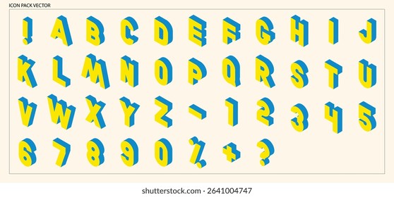 Blue and Yellow Isometric 3D Alphabet Letters and Numbers for Graphic Design