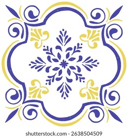 Blue yellow Italian Amalfi ceramic tile, Sicilian crayon pattern, vintage majolica ornament, Mediterranean azulejo, classic Portuguese geometric floral decor. Vector illustration in hand-drawn style.
