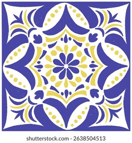 Blue yellow Italian Amalfi ceramic tile, Sicilian crayon pattern, vintage majolica ornament, Mediterranean azulejo, classic Portuguese geometric floral decor. Vector illustration in hand-drawn style.