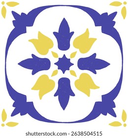 Blue yellow Italian Amalfi ceramic tile, Sicilian crayon pattern, vintage majolica ornament, Mediterranean azulejo, classic Portuguese geometric floral decor. Vector illustration in hand-drawn style.