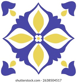 Blue yellow Italian Amalfi ceramic tile, Sicilian crayon pattern, vintage majolica ornament, Mediterranean azulejo, classic Portuguese geometric floral decor. Vector illustration in hand-drawn style.