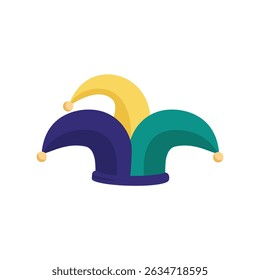 Blue and yellow jester fool hat icon. Circus jester fool hat isolated on white background. Humor and tomfoolery for comedy performance. Vector illustration