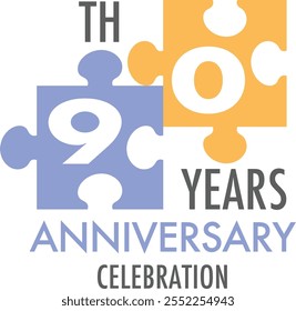 azul e amarelo jigsaw número 90 com palavras anos comemoração de aniversário na parte inferior, isolado no fundo branco.