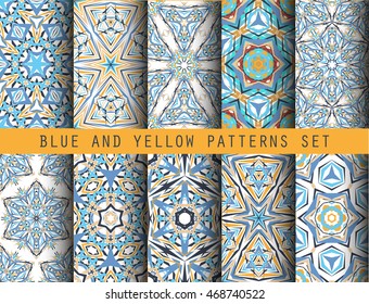 Blue Yellow Kaleidoscopic Seamless Patterns Set. Geometric floral backgrounds for wallpaper, floor, ceramic tiles, furniture textile, fabric print. Vector decorative ornaments collection