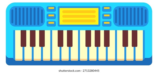 Un teclado azul y amarillo con una pantalla amarilla