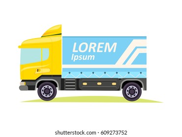 Blue and yellow large truck with emblem of firm on white background vector illustration. It is a motor vehicle designed to transport cargo. Lorry has wheels, cabin window and door, tyres semitrailer