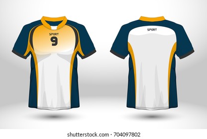 Blue and yellow layout football sport t-shirt design. Template front, back view. Soccer kit national team shirt mock up. Vector Illustration.