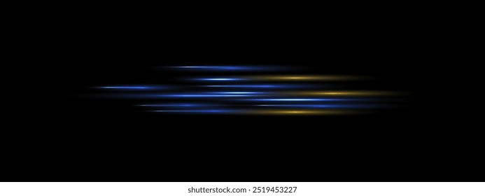 Blue yellow lines with glowing light effect. Shiny parallel beams, speed luminous ray Vector elements, Futuristic Flash light. stroke isolated on transparent background. eps
