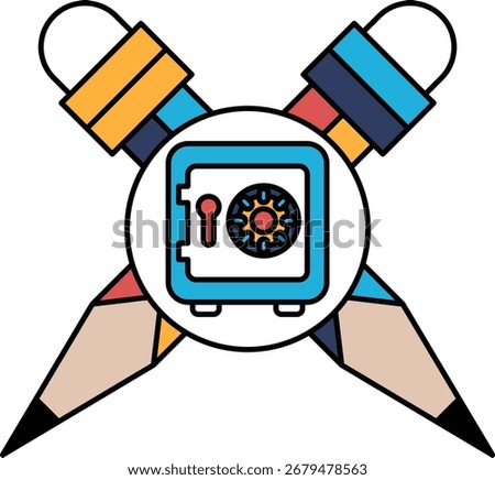 A blue and yellow lock with a key on it is above a red and blue pencil. The pencils are crossed over each other, and the lock and key are above them. The image is of a safe