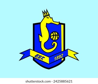 blue and yellow logo for the basketball club with a seahorse mascot