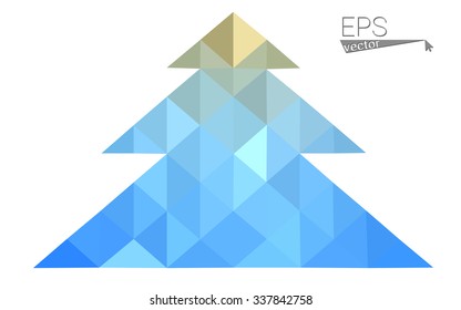 Blue, yellow low poly style christmas tree vector illustration consisting of triangles. Abstract triangular poly origami or crystal design of New Years celebration. Isolated on white background