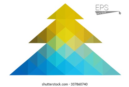 Blue, yellow low poly style christmas tree vector illustration consisting of triangles. Abstract triangular poly origami or crystal design of New Years celebration. Isolated on white background