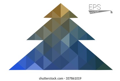 Blue, yellow low poly style christmas tree vector illustration consisting of triangles. Abstract triangular poly origami or crystal design of New Years celebration. Isolated on white background