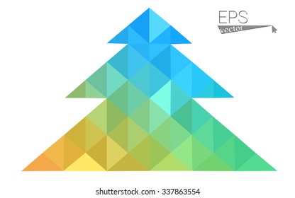 Blue, yellow low poly style christmas tree vector illustration consisting of triangles. Abstract triangular poly origami or crystal design of New Years celebration. Isolated on white background