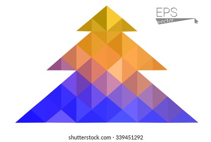 Blue, yellow low poly style christmas tree vector illustration consisting of triangles. Abstract triangular poly origami or crystal design of New Years celebration. Isolated on white background