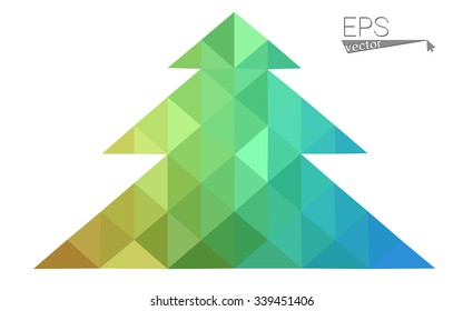 Blue, yellow low poly style christmas tree vector illustration consisting of triangles. Abstract triangular poly origami or crystal design of New Years celebration. Isolated on white background