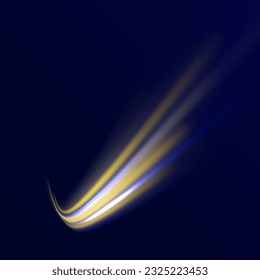 Blue and yellow luminosity, abstract neon motion glowing wavy lines. Abstract light lines of movement and speed. Glowing spark swirl trail tracing on dark blue background. Vector illustration.	