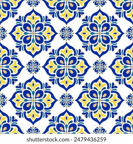 Blau-gelbe Luxus-Vektorgrafik nahtloses Muster. Ornamente, traditionelle, ethnische, arabische, türkische, indische Motive. Ideal für Stoff und Textil, Bildschirmhintergrund, Verpackungsdesign oder jede beliebige Idee.