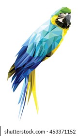 Polígono bajo de guacamayo azul y amarillo aislado sobre fondo blanco, icono geométrico moderno de pájaro loro colorido, ilustración de diseño de cristal para mascotas.
